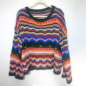 SHEIN Chevron Pattern Open Knit Colorblock Drop Shoulder Sweater - Size Small